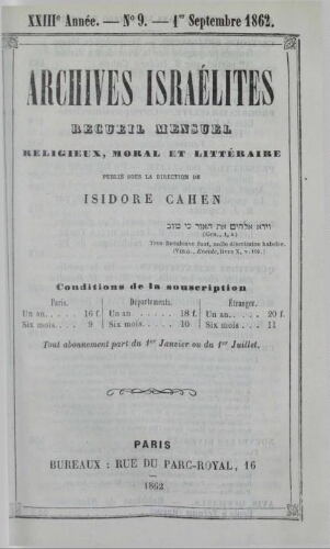 Archives israélites de France. Vol.23 N°09 (septembre 1862)